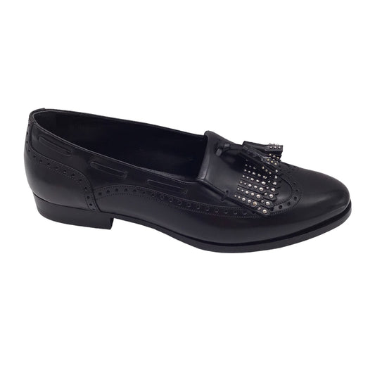 Celine Black / Silver Studded Tassel Detail Oxford Loafers / Flats