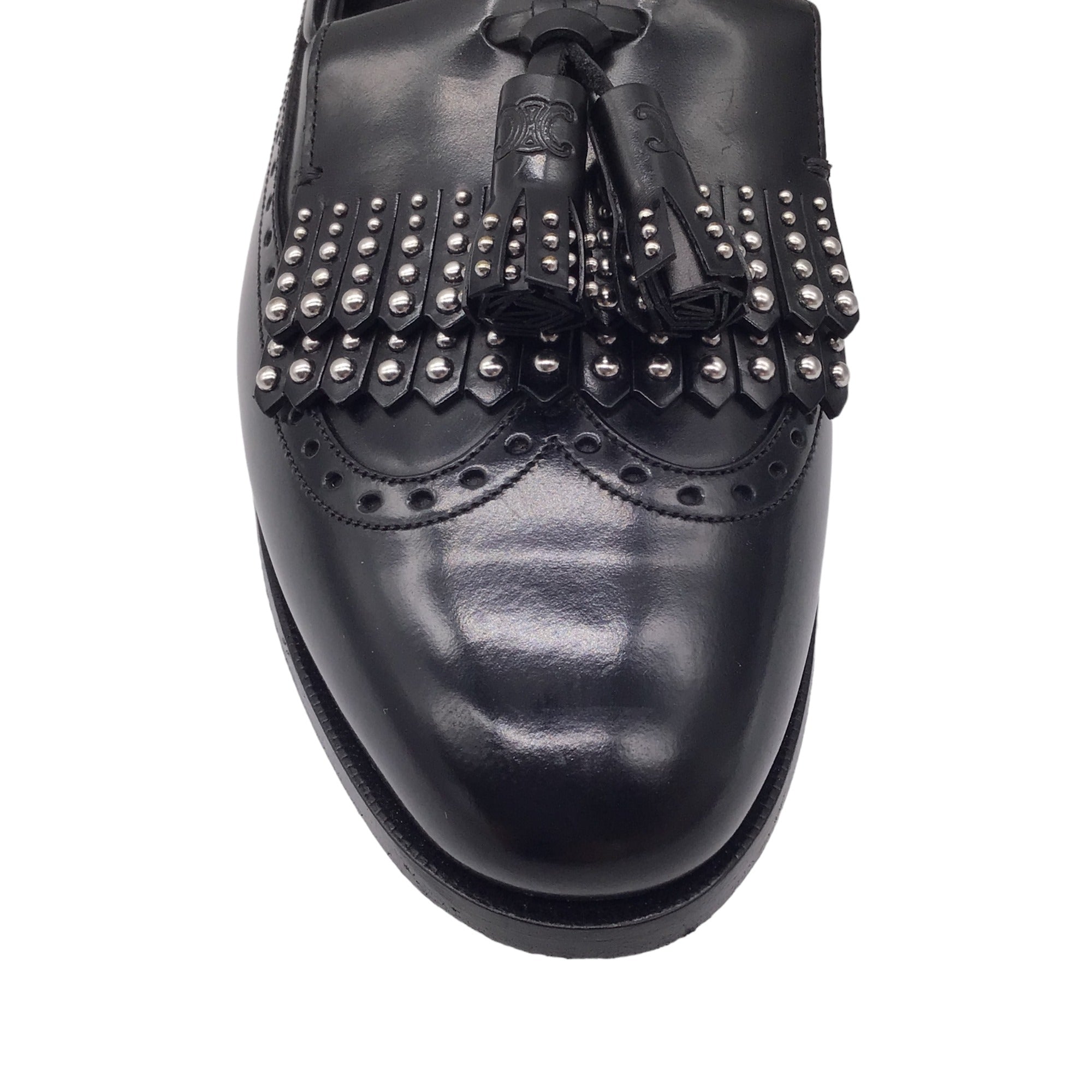 Celine Black / Silver Studded Tassel Detail Oxford Loafers / Flats