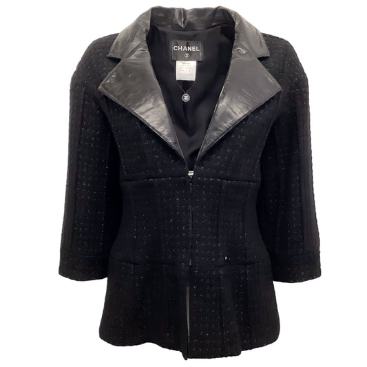 Chanel Black Boucle Jacket with Leather CollarChanel Black Boucle Jacket with Leather Collar