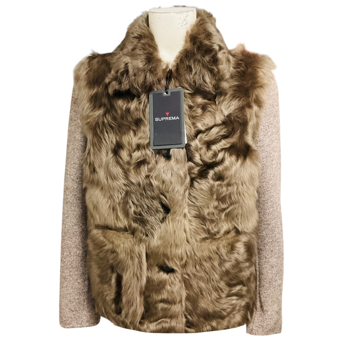 Suprema Taupe Wool Tweed and Lamb Shearling Fur Jacket