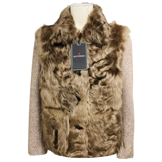 Suprema Taupe Wool Tweed and Lamb Shearling Fur Jacket