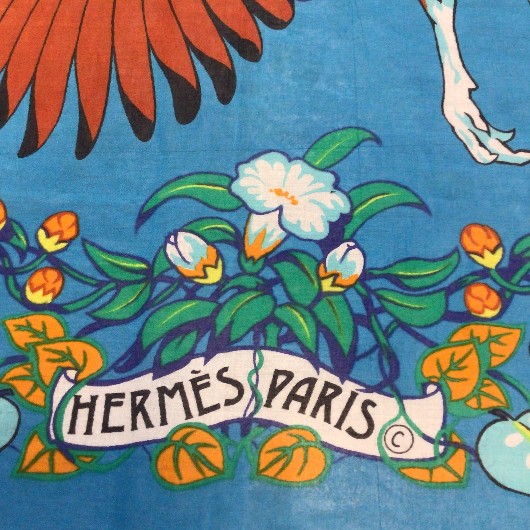 Hermes Blue / Green Multi Peacock Print XL Cotton Scarf