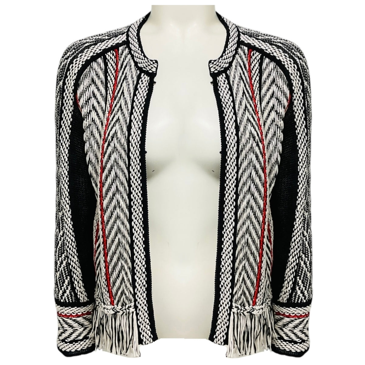 Oscar de la Renta Black / White / Red Fringe Cayenne Detail Jacket