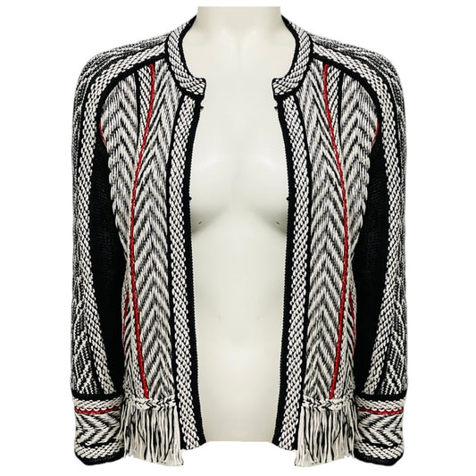 Oscar de la Renta Black / White / Red Fringe Cayenne Detail Jacket