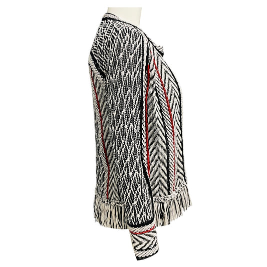 Oscar de la Renta Black / White / Red Fringe Cayenne Detail Jacket
