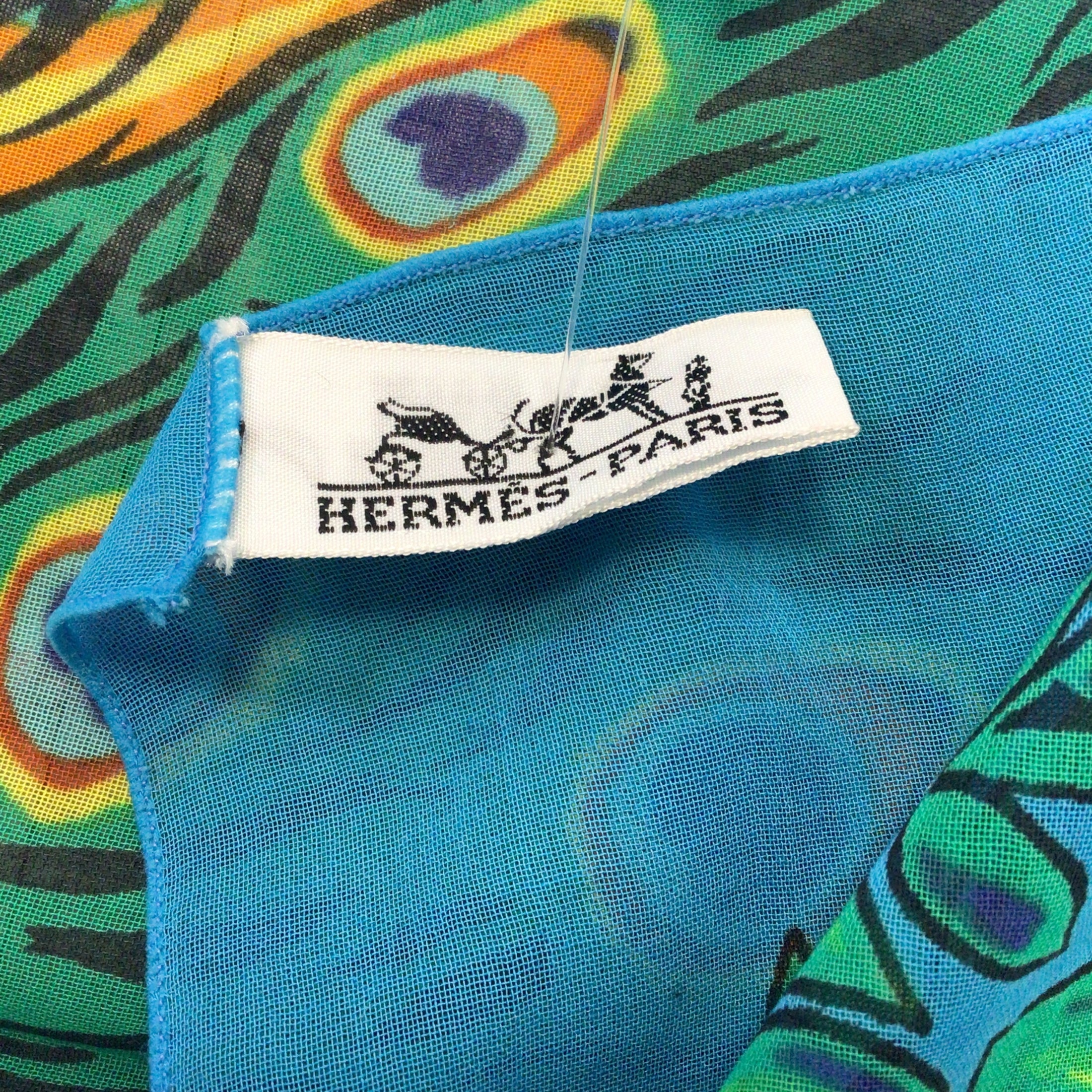 Hermes Blue / Green Multi Peacock Print XL Cotton Scarf