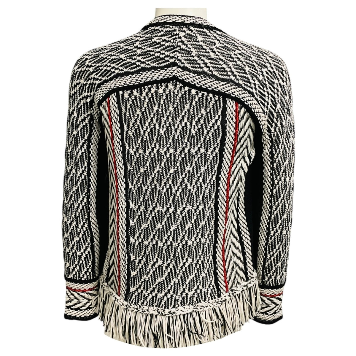 Oscar de la Renta Black / White / Red Fringe Cayenne Detail Jacket