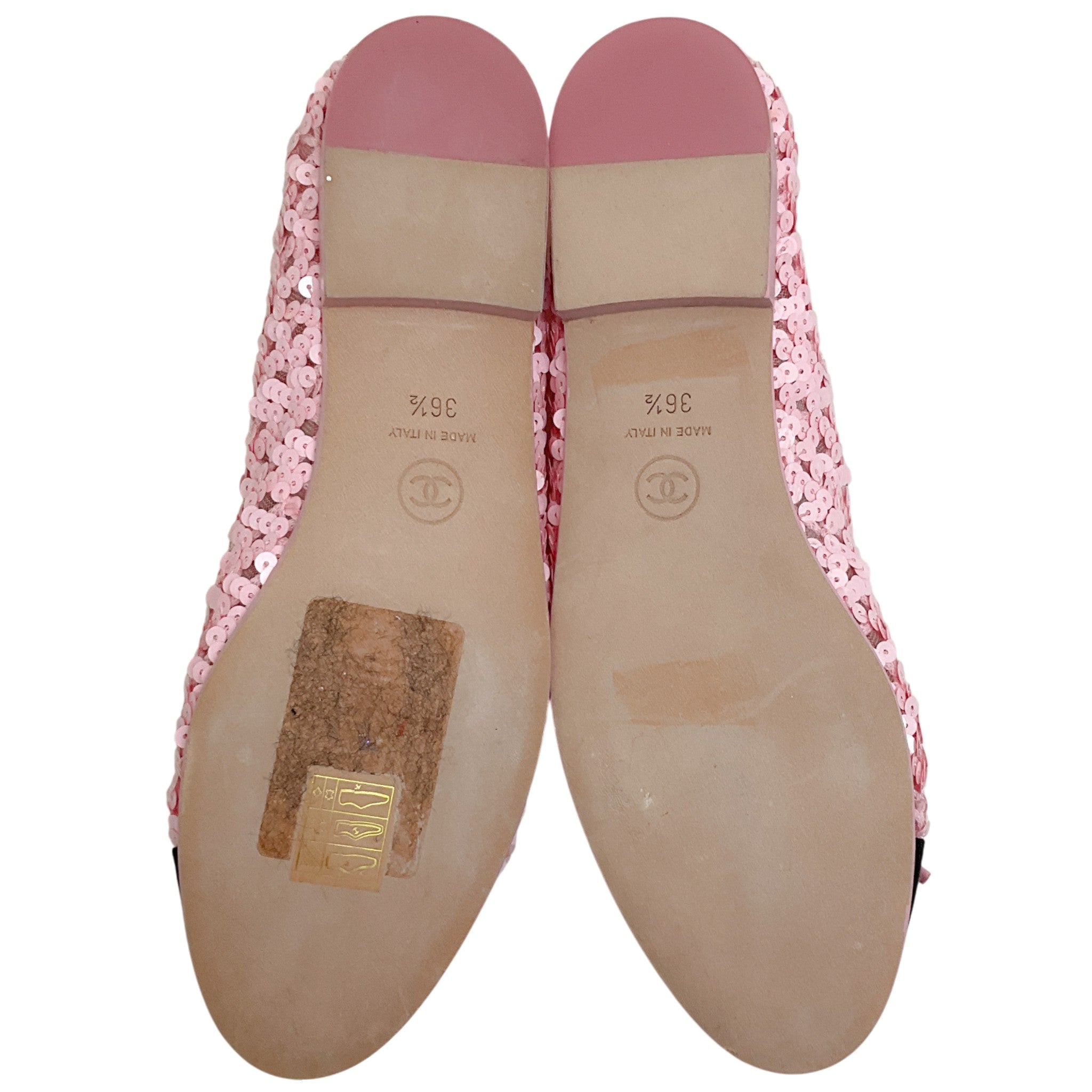 Chanel Pink Sequined Flats with Black Grosgrain Cap Toe