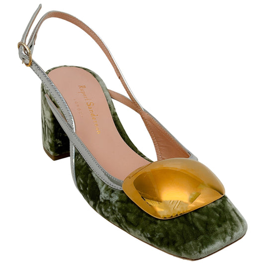 Rupert Sanderson Sage Velvet Cavalla Slingback Pumps with Gold
