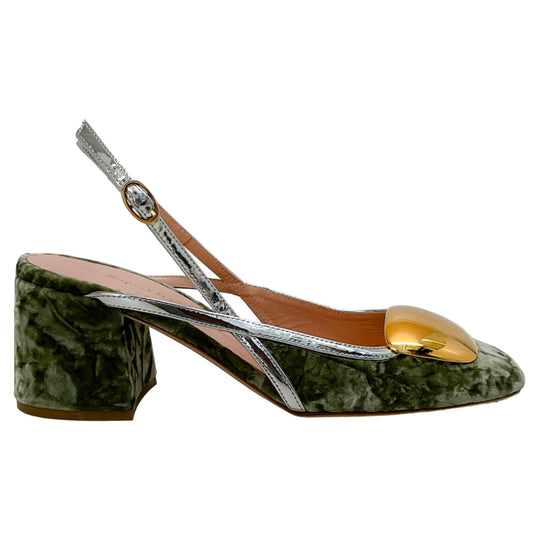 Rupert Sanderson Sage Velvet Cavalla Slingback Pumps with Gold