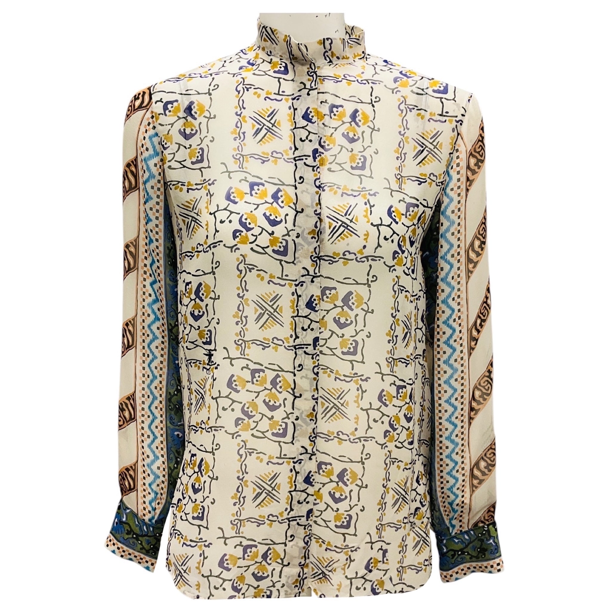 Christian Dior Beige Multi Printed Sheer Silk Blouse
