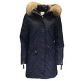 Load image into Gallery viewer, SAM. Navy Blue / Tan Raccoon Fur Trimmed Hooded Nylon Puffer Coat
