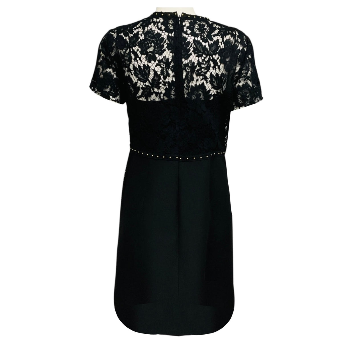 Valentino Black / Gold Studded Short Sleeved Lace and Crepe Cocktail Dress
