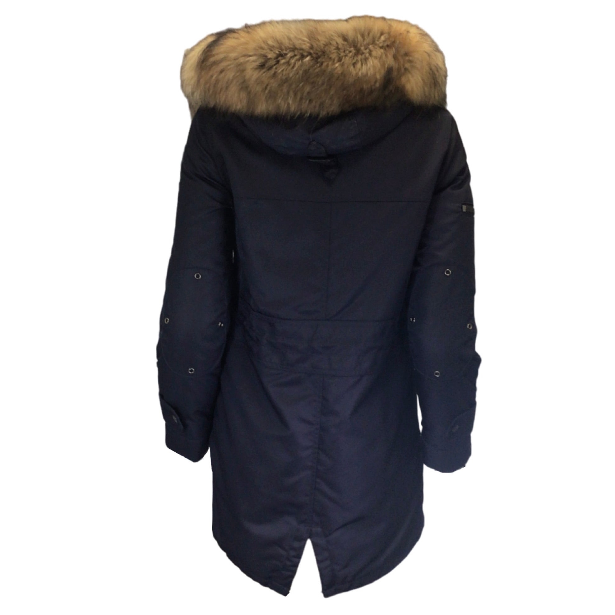 SAM. Navy Blue / Tan Raccoon Fur Trimmed Hooded Nylon Puffer Coat