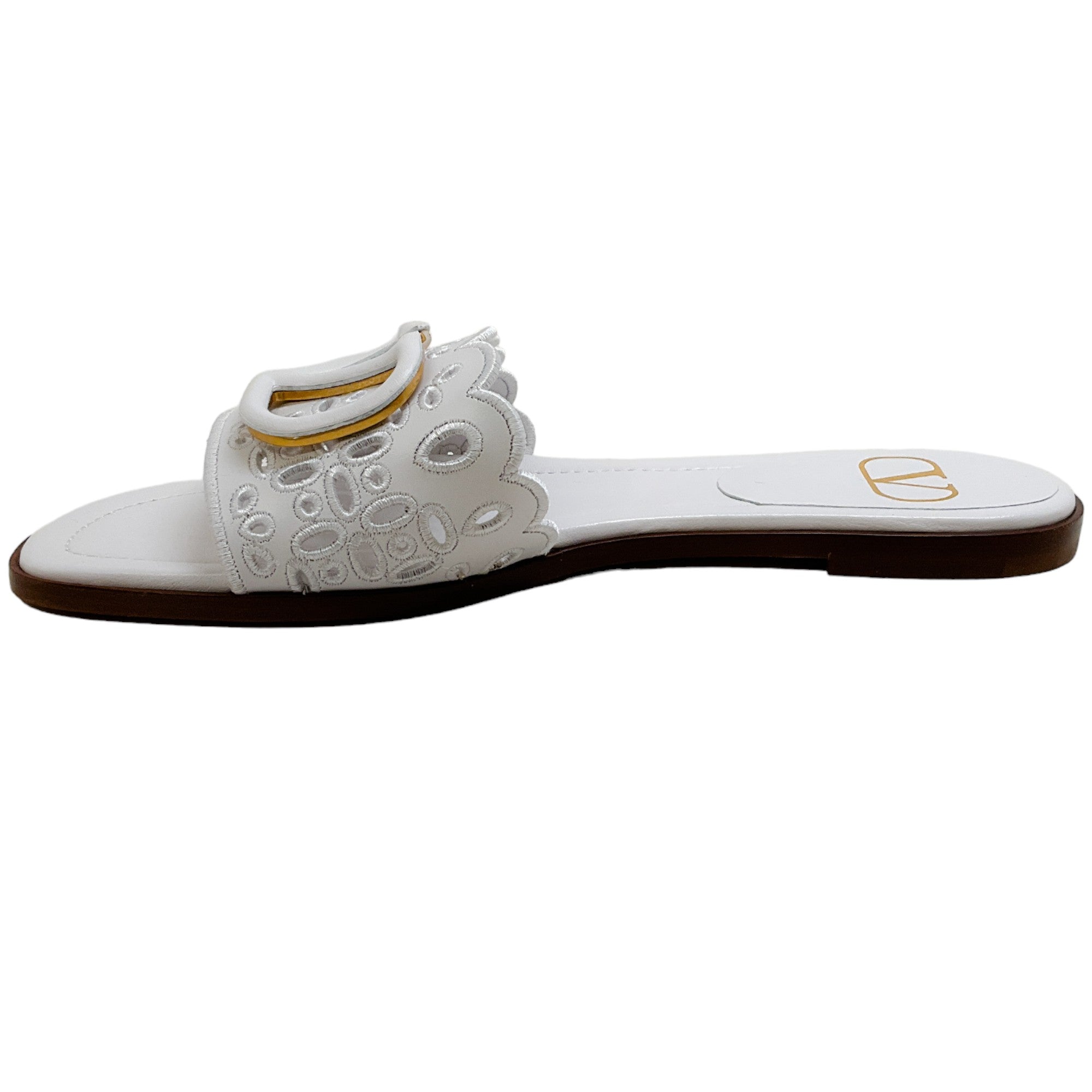 Valentino White Leather Eyelet Slide Sandals