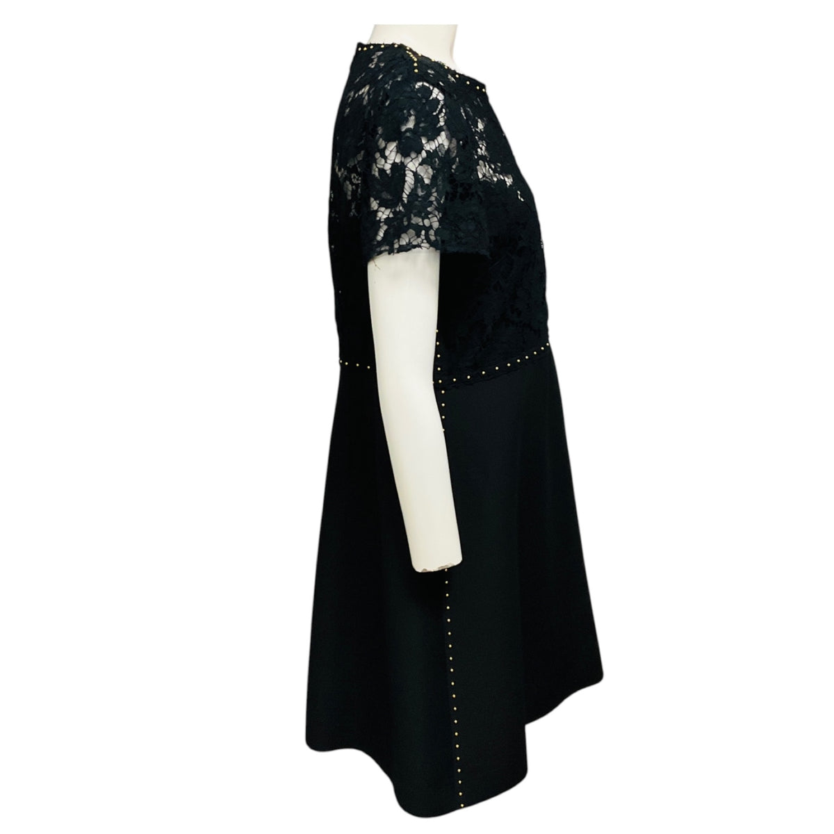 Valentino Black / Gold Studded Short Sleeved Lace and Crepe Cocktail Dress