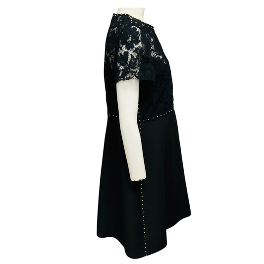 Valentino Black / Gold Studded Short Sleeved Lace and Crepe Cocktail Dress