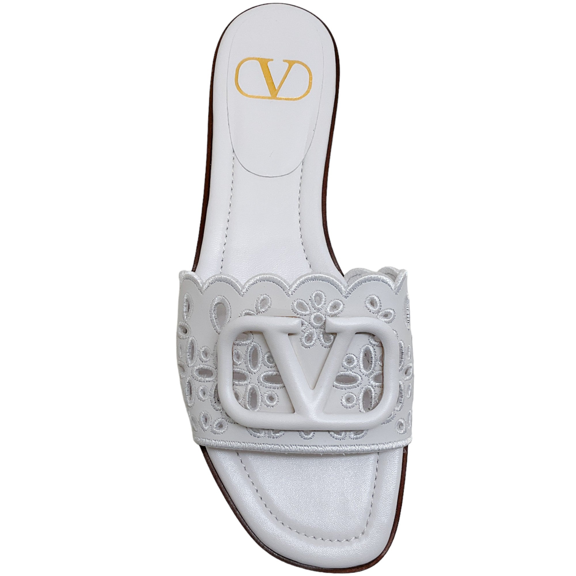 Valentino White Leather Eyelet Slide Sandals