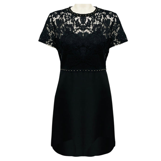 Valentino Black / Gold Studded Short Sleeved Lace and Crepe Cocktail Dress