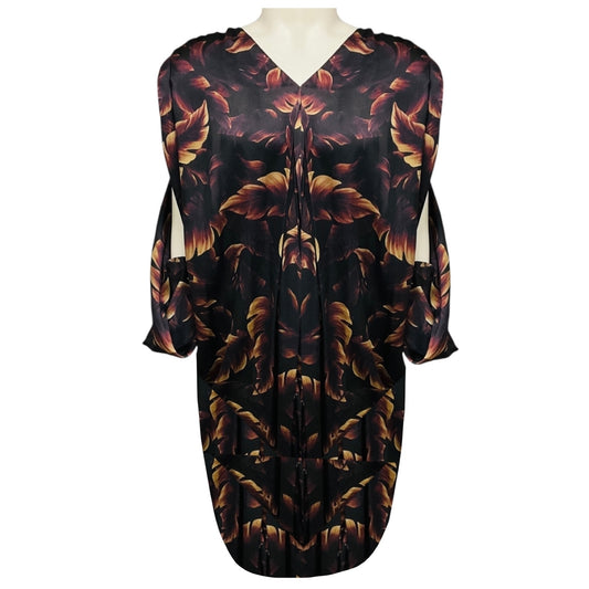 Lanvin Brown Multi Printed Draped Silk Dress with Open Sleeves