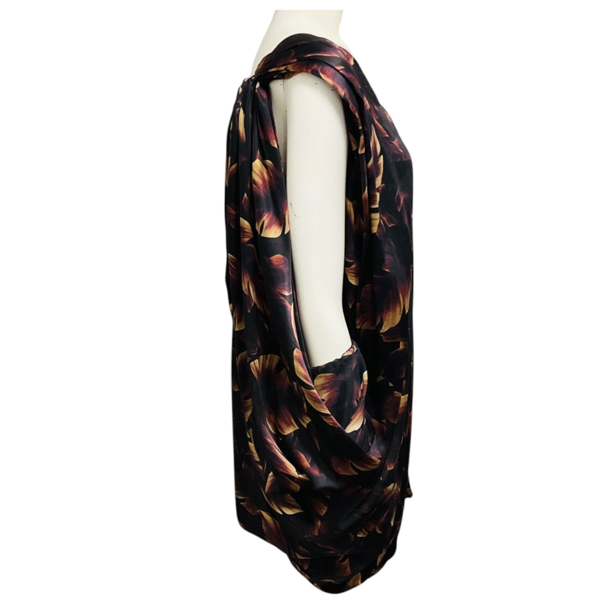 Lanvin Brown Multi Printed Draped Silk Dress with Open Sleeves