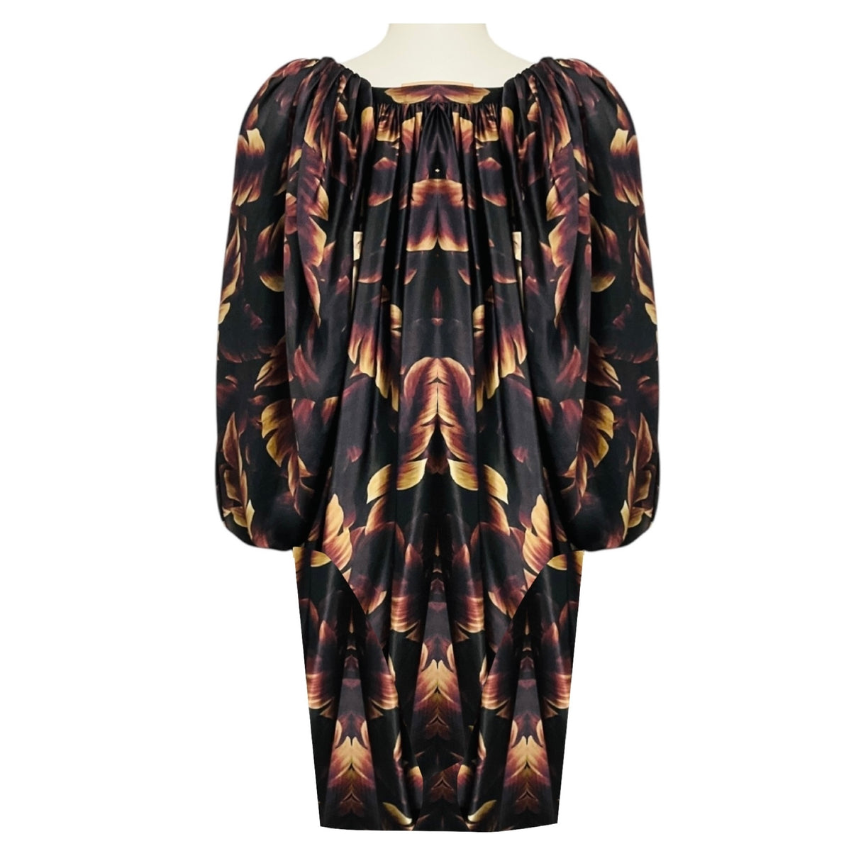Lanvin Brown Multi Printed Draped Silk Dress with Open Sleeves