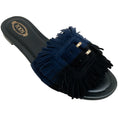 Load image into Gallery viewer, Tod's Black / Navy Blue Suede Fringe Buckle Sandals
