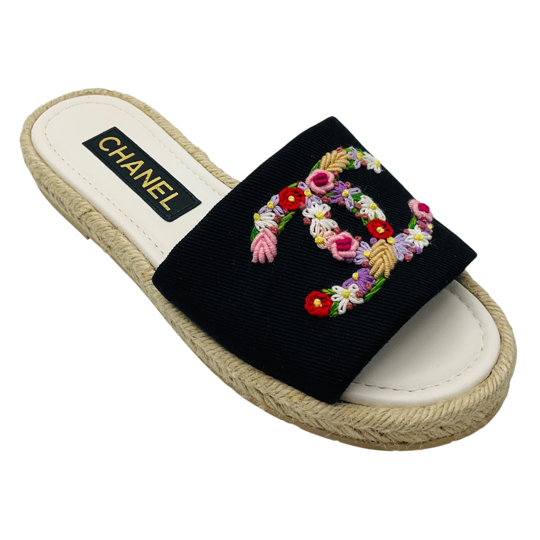 Chanel Black Multi Floral Embroidered CC Logo Flat Espadrille Sandals