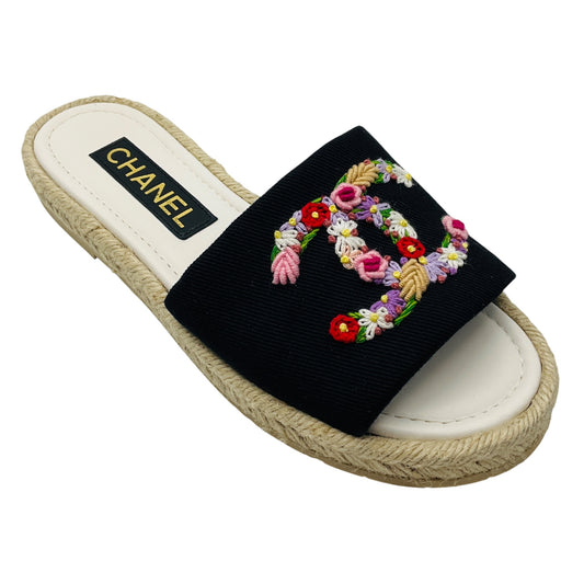 Chanel Black Multi Floral Embroidered CC Logo Flat Espadrille Sandals
