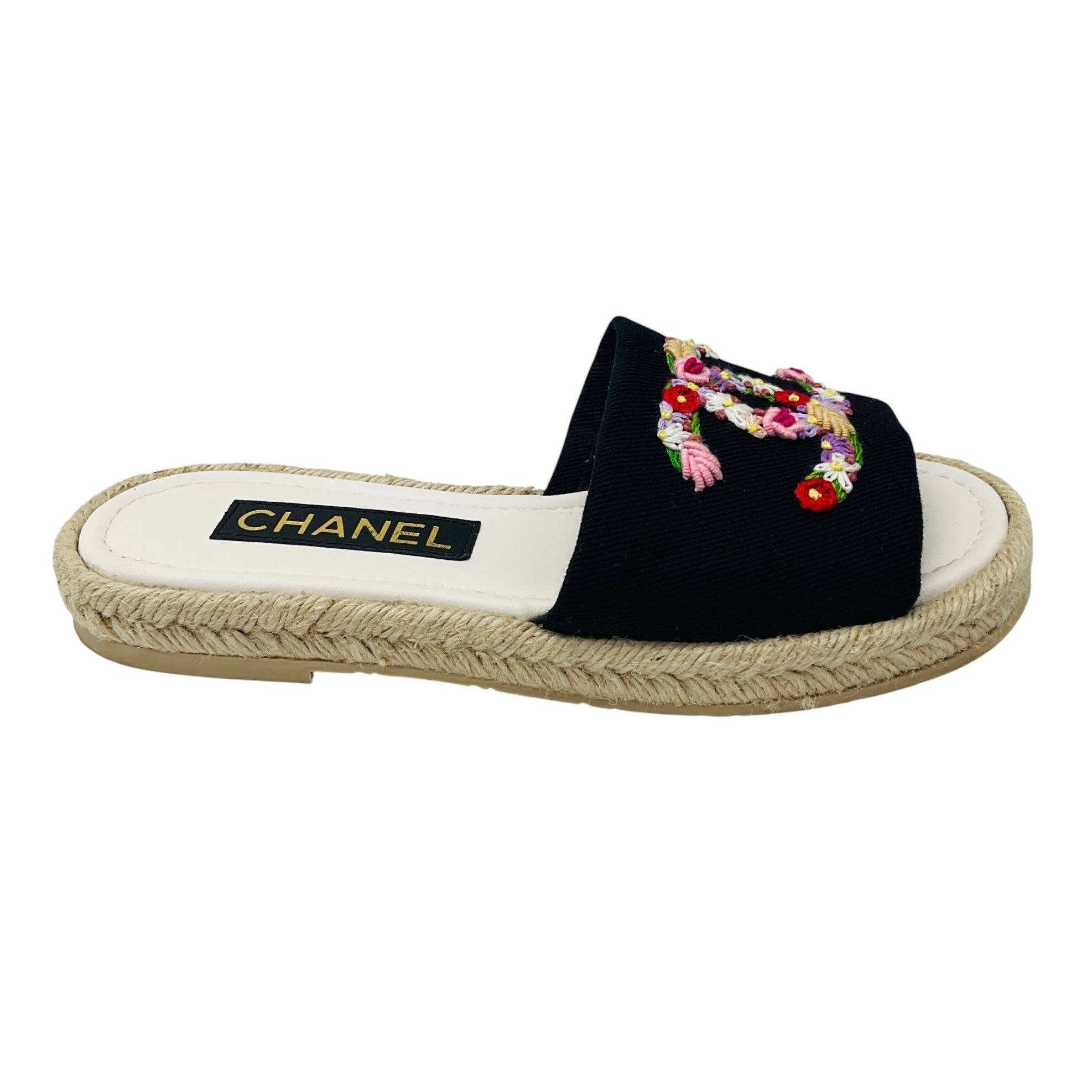 Chanel Black Multi Floral Embroidered CC Logo Flat Espadrille Sandals