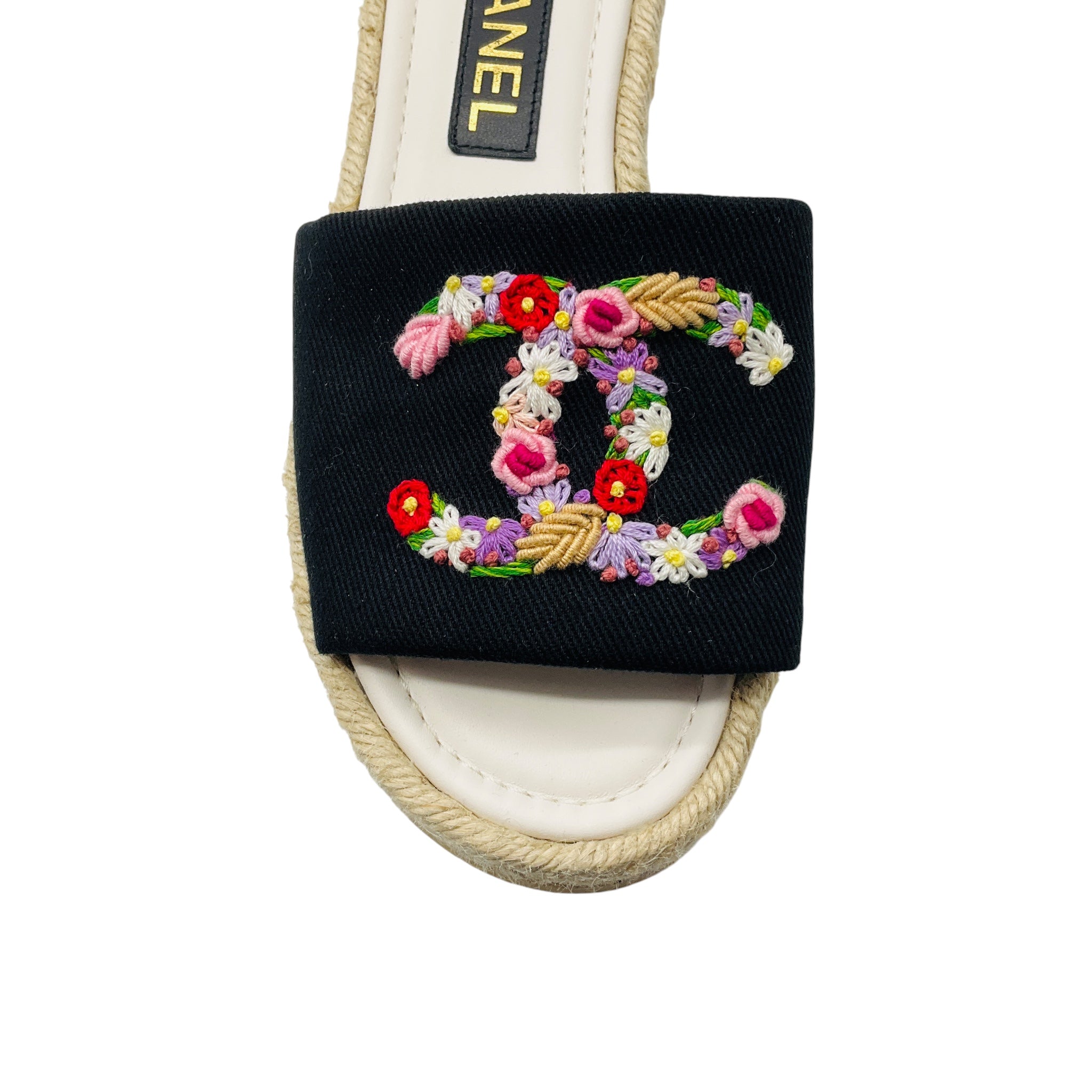 Chanel Black Multi Floral Embroidered CC Logo Flat Espadrille Sandals