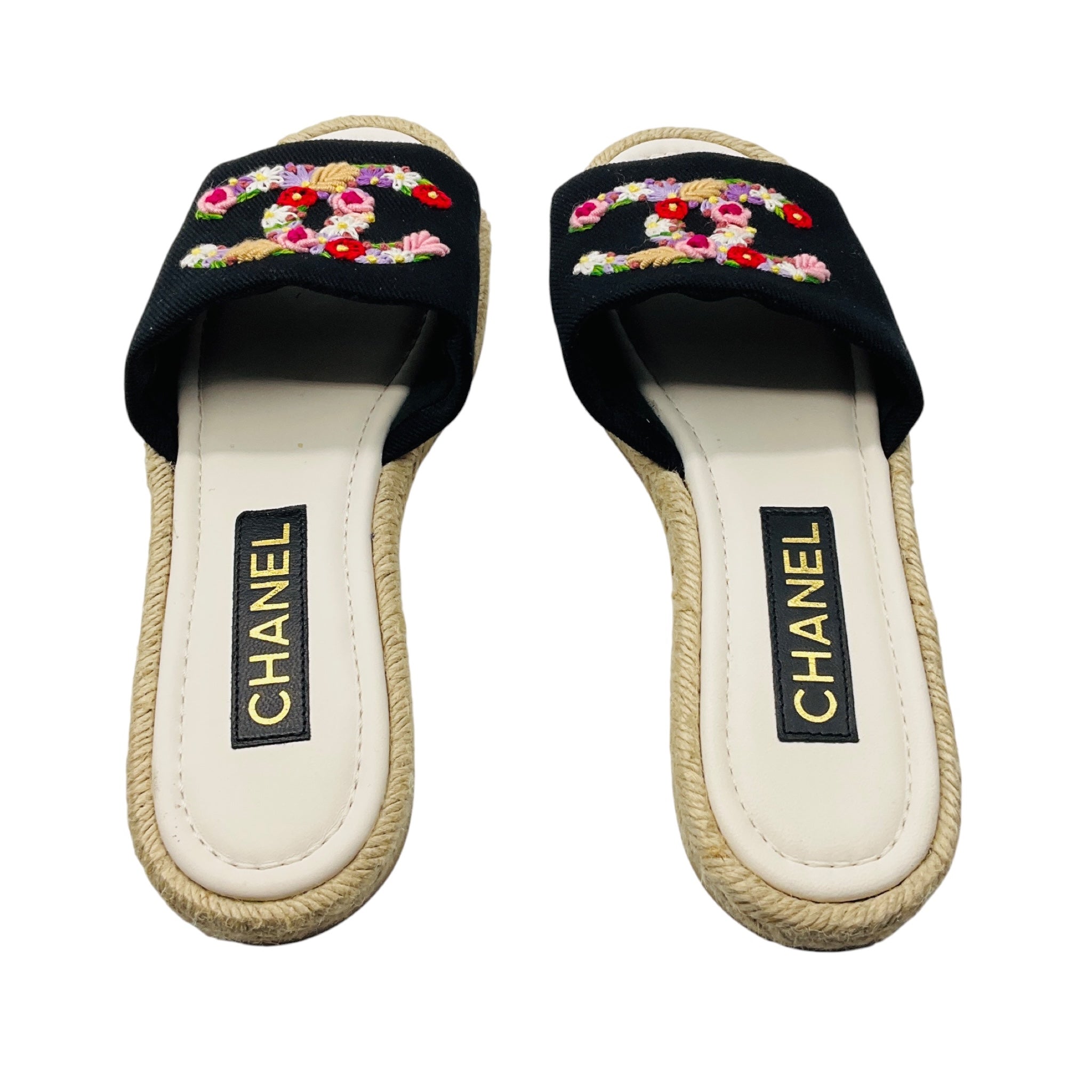 Chanel Black Multi Floral Embroidered CC Logo Flat Espadrille Sandals