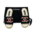 Load image into Gallery viewer, Chanel Black Multi Floral Embroidered CC Logo Flat Espadrille Sandals

