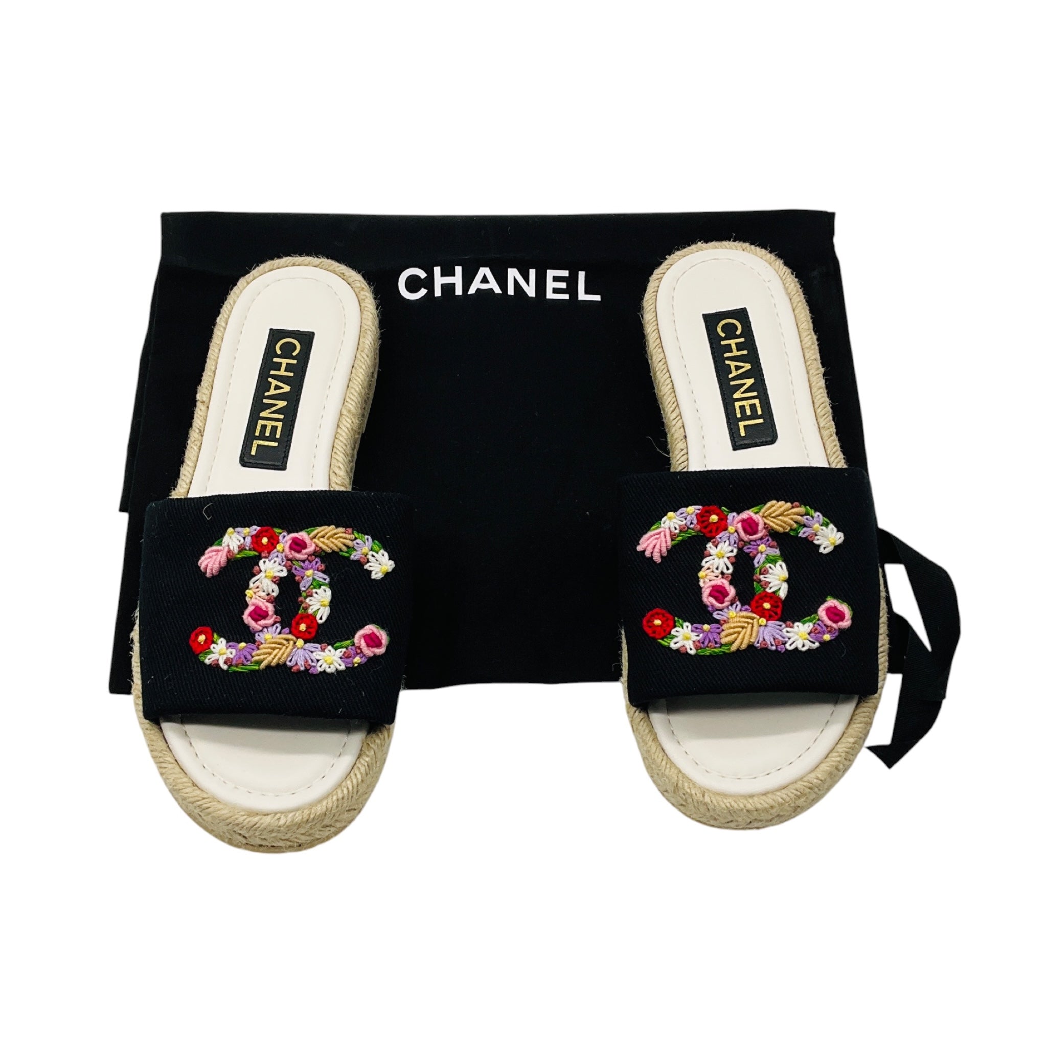 Chanel Black Multi Floral Embroidered CC Logo Flat Espadrille Sandals