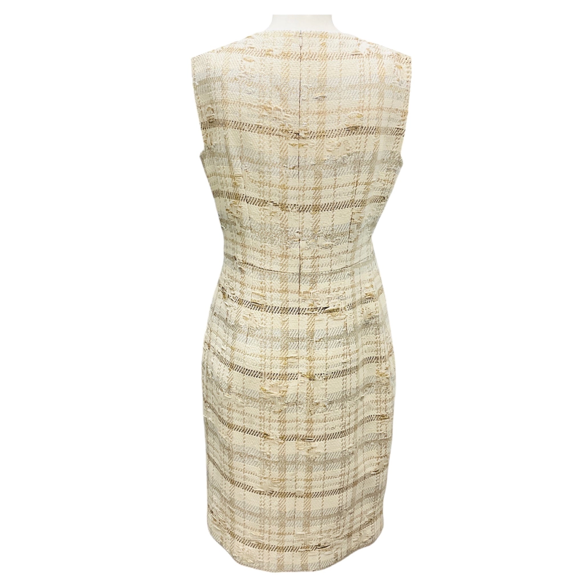 Kiton Ivory / Gold / Silver Metallic Sleeveless Tweed Dress with Gold Buttons