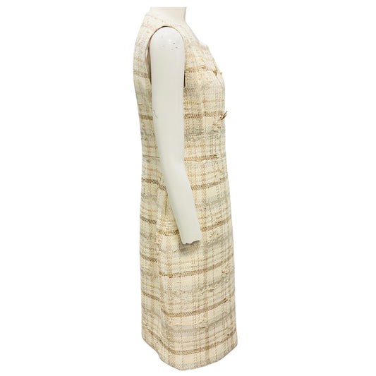 Kiton Ivory / Gold / Silver Metallic Sleeveless Tweed Dress with Gold Buttons
