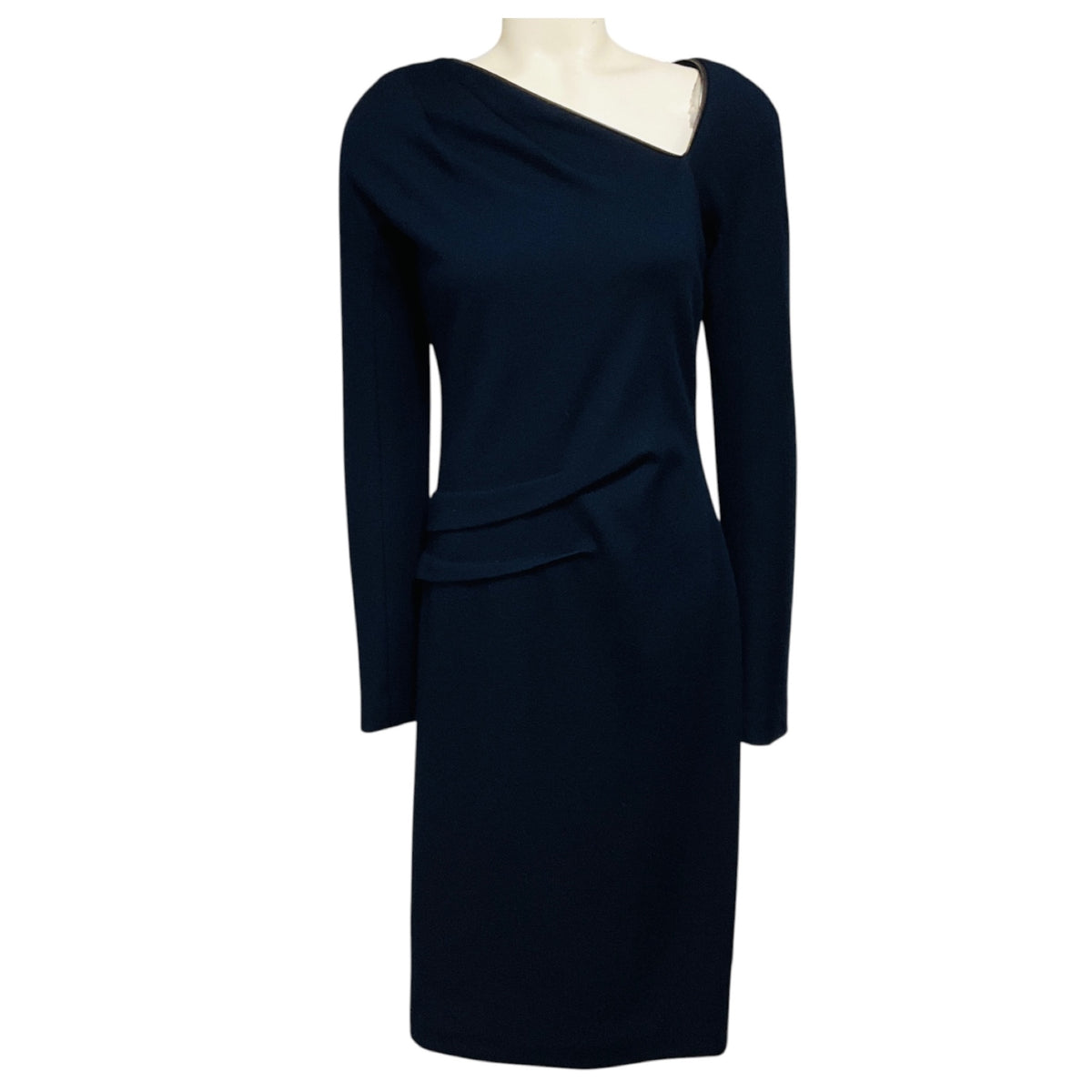 J. Mendel Navy Blue / Black Lamb Leather Trimmed Cashmere Midi Dress
