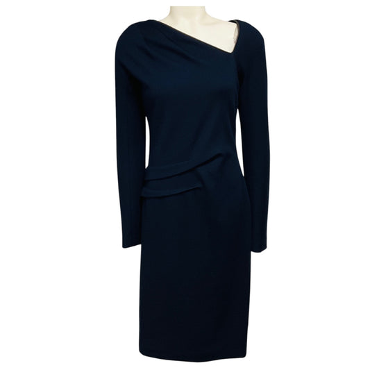 J. Mendel Navy Blue / Black Lamb Leather Trimmed Cashmere Midi Dress