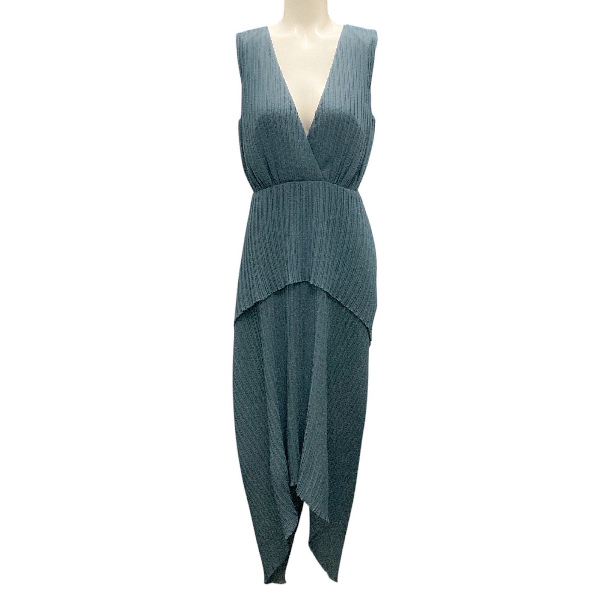 Halston Blue Pleated Sleeveless V-Neck Maren Dress