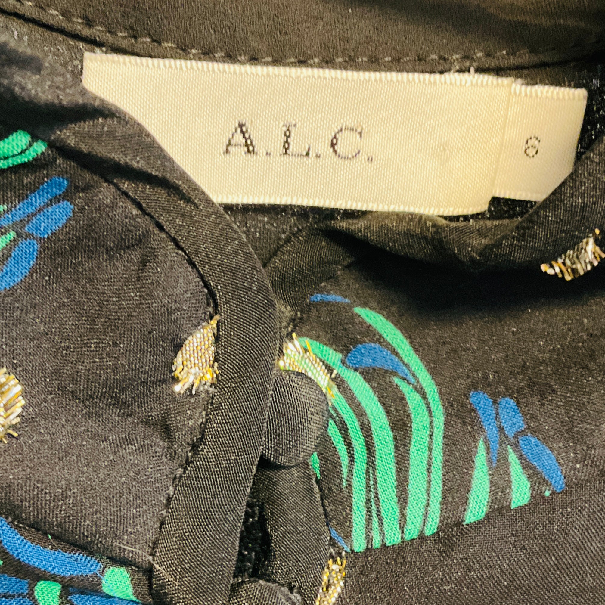 A.L.C. Black / Blue / Green / Yellow Multi Printed Silk Chiffon Blouse with Gold Metallic Lurex Dot Detail