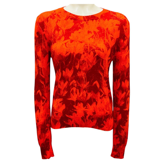 Dries Van Noten Orange / Red Floral Knit Long Sleeved Crewneck Pullover Sweater