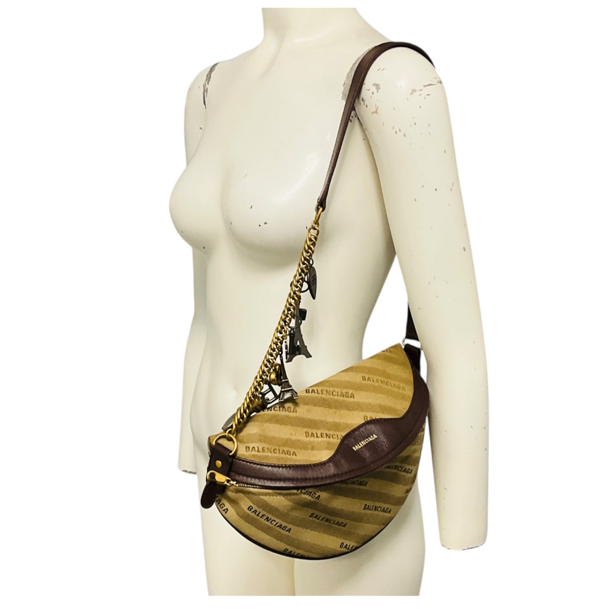 Balenciaga Brown Canvas Jacquard and Leather Diagonal Allover Logo XS Souvenir Belt Bag