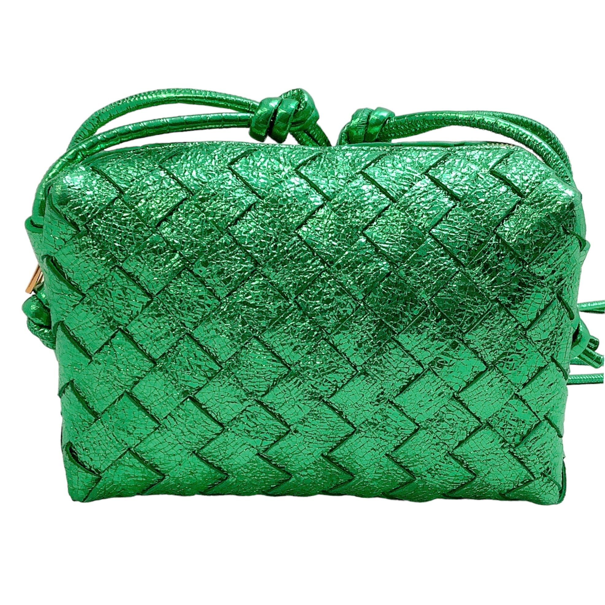 Bottega Veneta Green Metallic Intrecciato Laminated Leather  Mini Loop Crossbody Bag