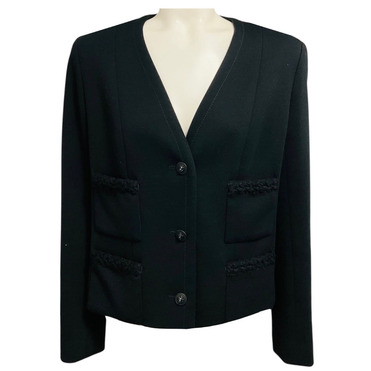 Chanel Uniform Black Braided Trim Button Front Wool Knit Jacket