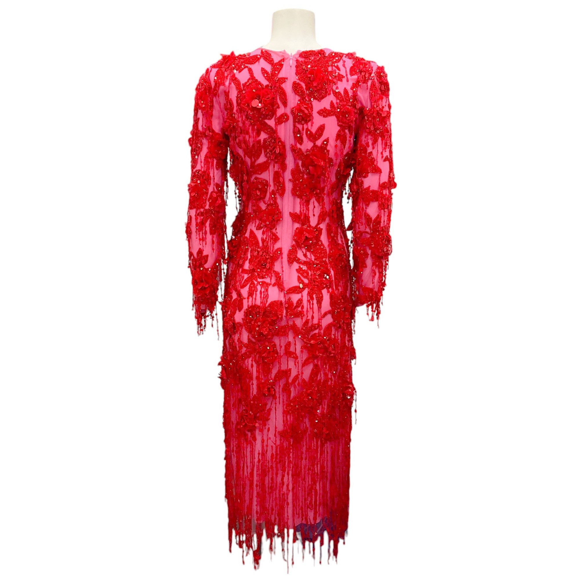 Carolina Herrera Pink / Red Sequin and Bead Embellished Floral Applique Dress