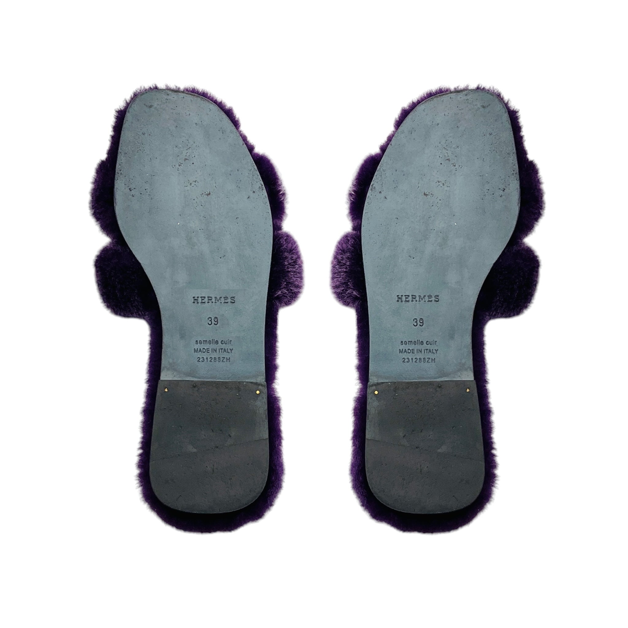 Hermes Purple H Cut Out Shearling Oran Sandals