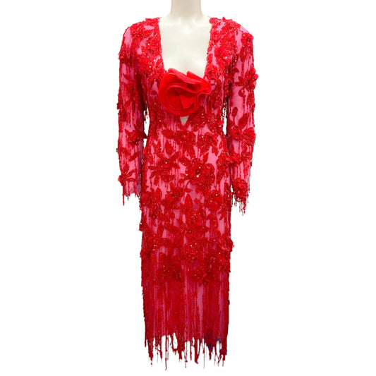 Carolina Herrera Pink / Red Sequin and Bead Embellished Floral Applique Dress