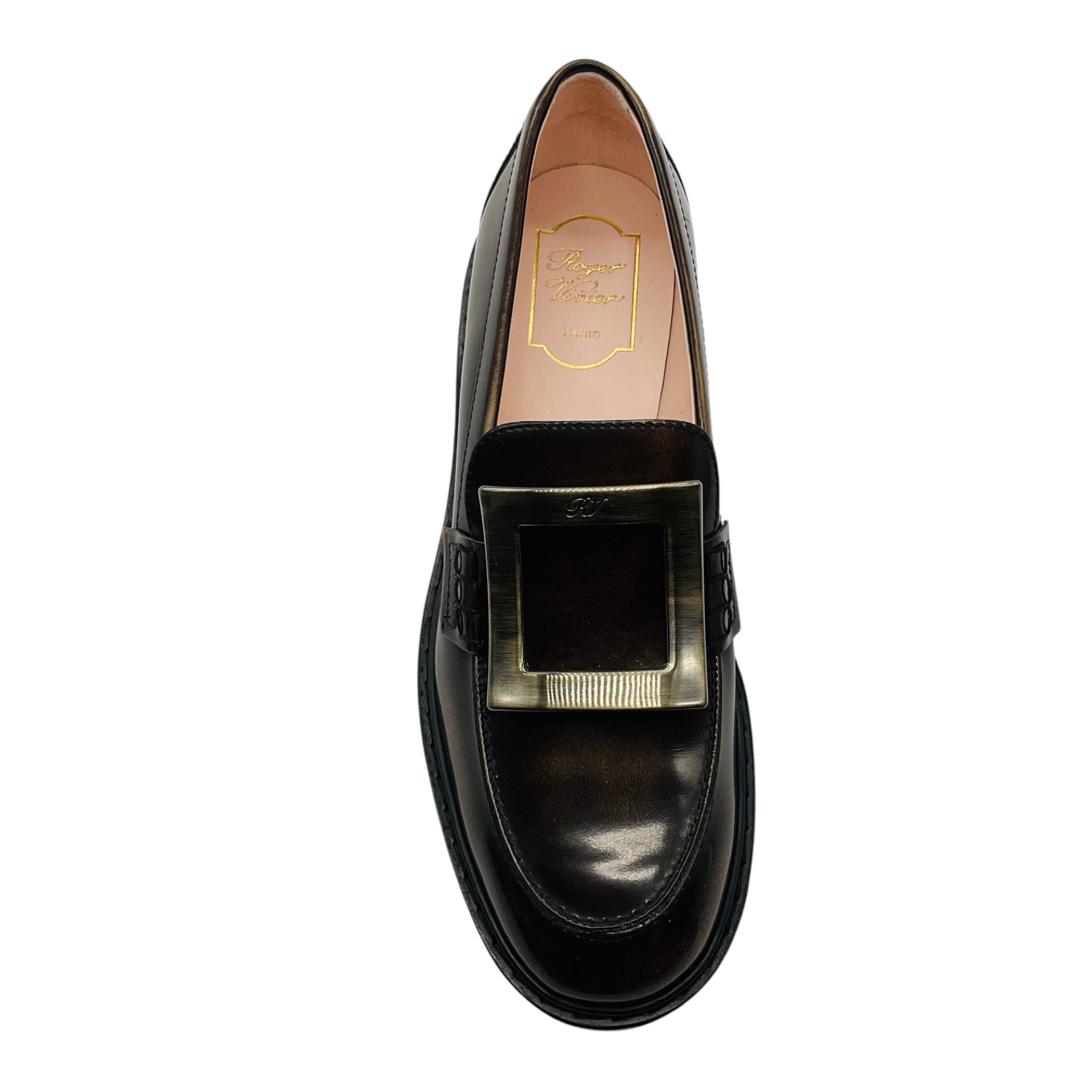 Roger Vivier Brown Shiny Leather Viv Buckle Loafers