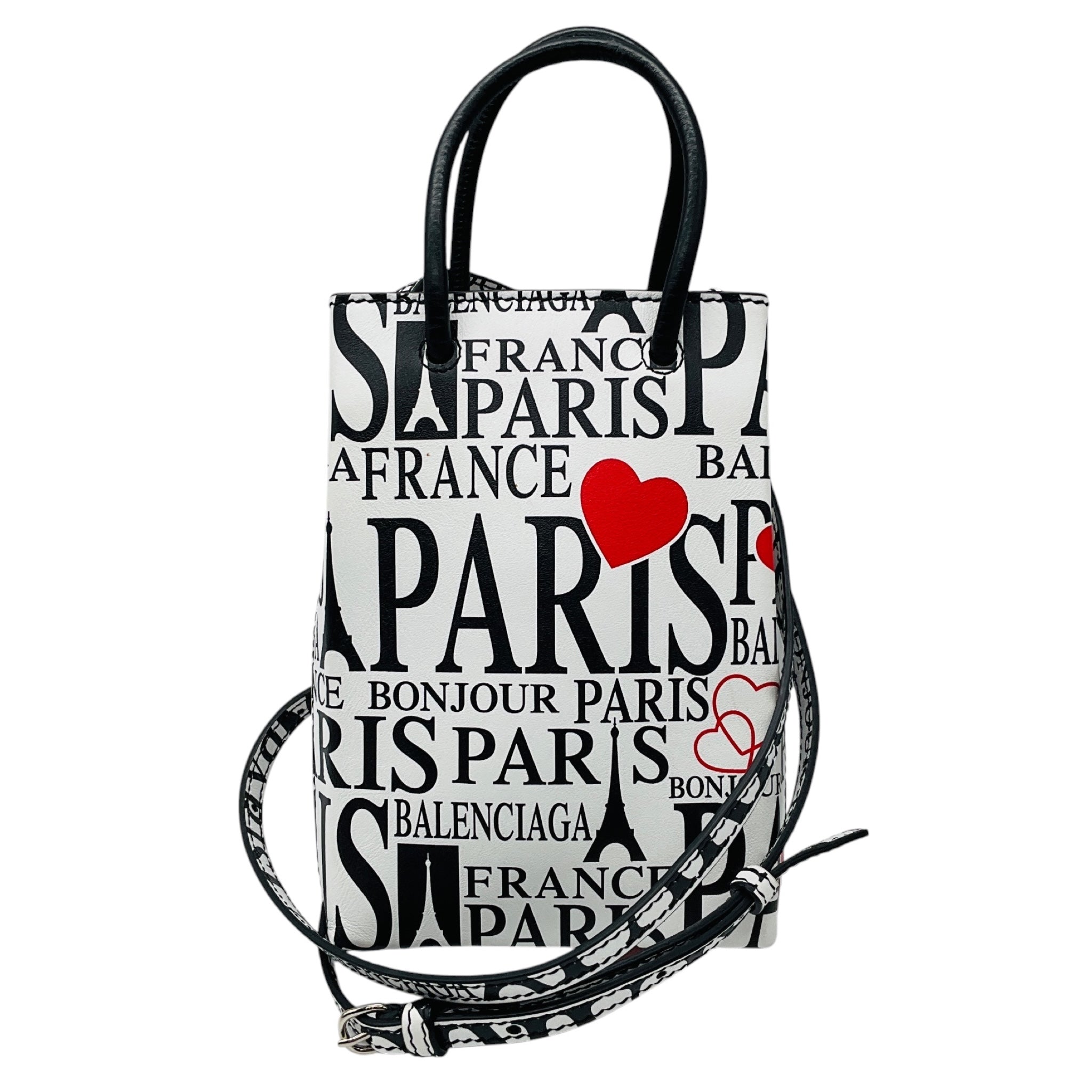 Balenciaga White / Black / Red Mini Calfskin Bonjour Paris Shopping Phone Holder Satchel Mini Bag