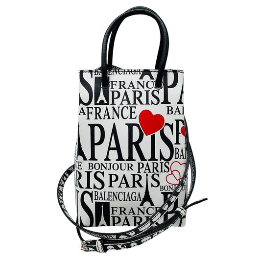 Balenciaga White / Black / Red Mini Calfskin Bonjour Paris Shopping Phone Holder Satchel Mini Bag